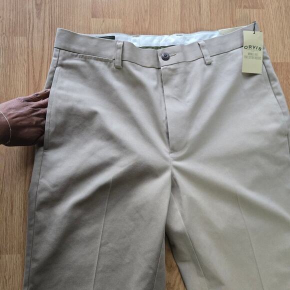 NWT Orvis Mens Wrinkle Free Pure Cotton Trousers Size 34 Khaki Flat Front Chinos - Picture 5 of 10
